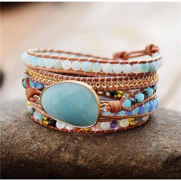 Boho Handmade Natural Stone Wrap Bracelets Turquoises Crystal Beads - Picture 4 of 7